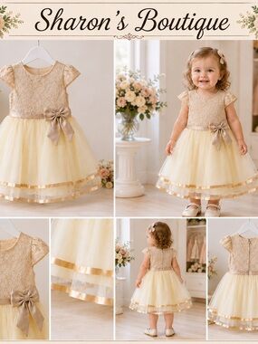 Rare Editions Ivory Gold Lace Tulle Party Dress 24M Wedding Holiday